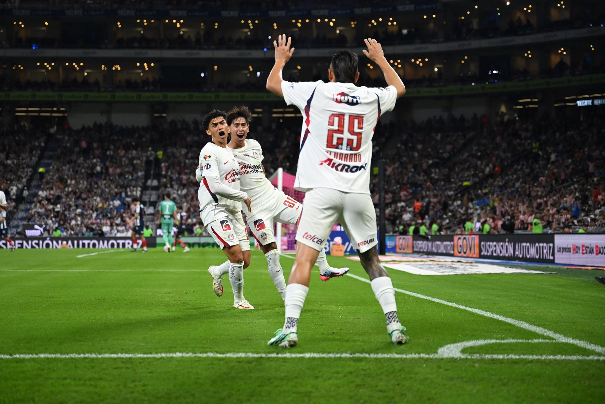 Chivas festeja el gol ante Monterrey en el Estadio BBVA, jornada 14 del Apertura 2026
